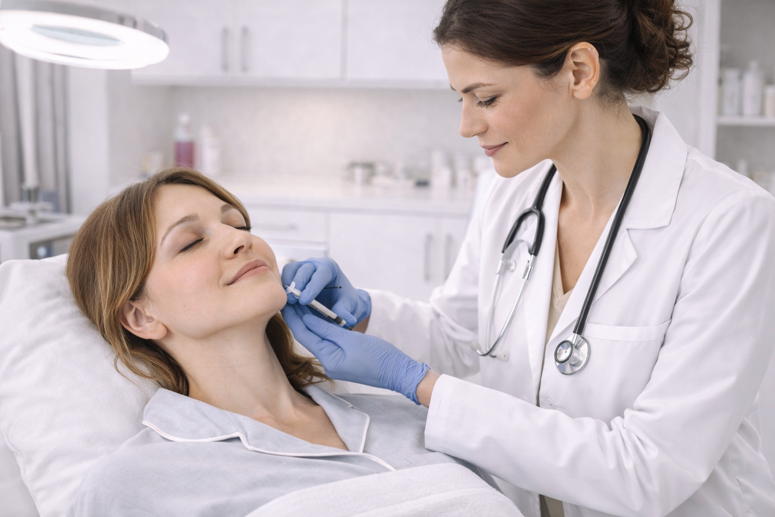 A person sitting in a consultation with a doctor, looking at a screen together with a calm and focused expression.